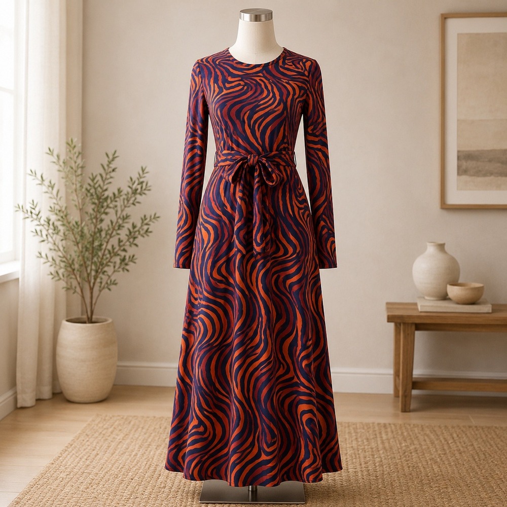 Attitudes by Renee Maxi Dress Womens XL Orange Navy Abstract Long Sleeve Belted